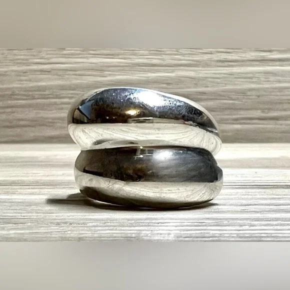 Vintage Designer MWS Sterling Silver Modernist Double Wave Wrap Ring, Size 5.5 - Picture 2 of 10